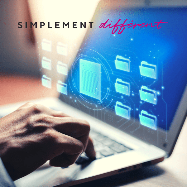 Nous observons un ordinateur ainsi qu'un certain nombre de dossiers le survolant. Il représente la dématérialisation des dossiers clients.