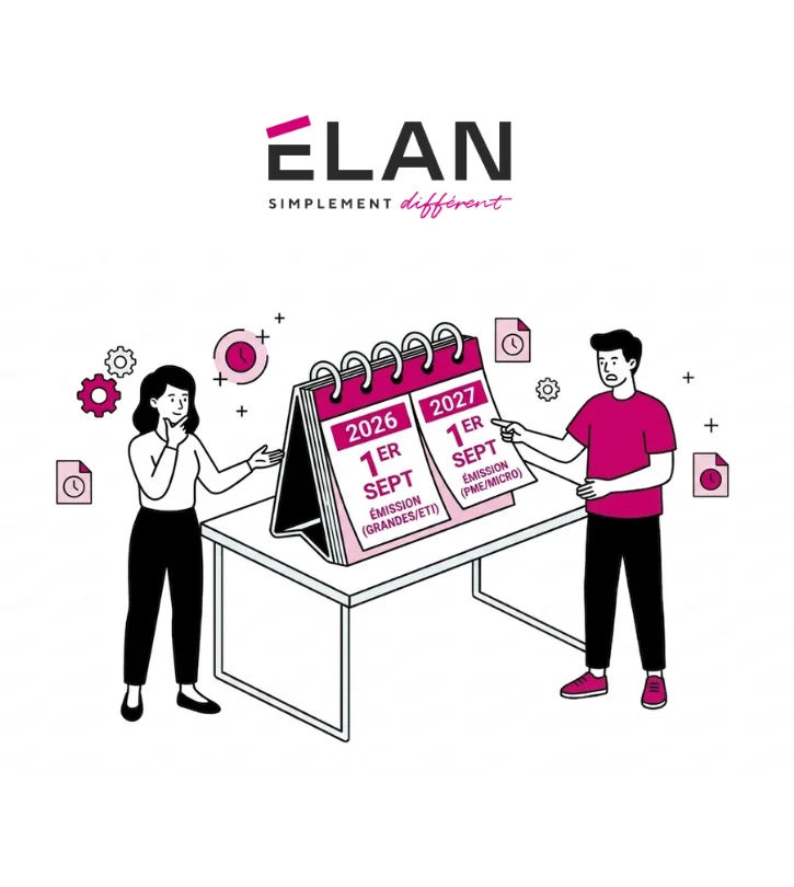 Illustration d'une femme et un d'un homme autour d'un calendrier de la facturation électronique