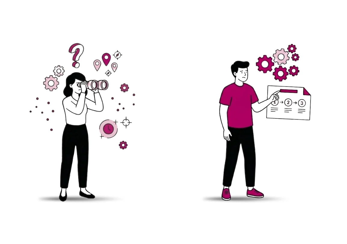 Une femme regarde avec des jumelles en se questionnant et un homme paramètre un affichage