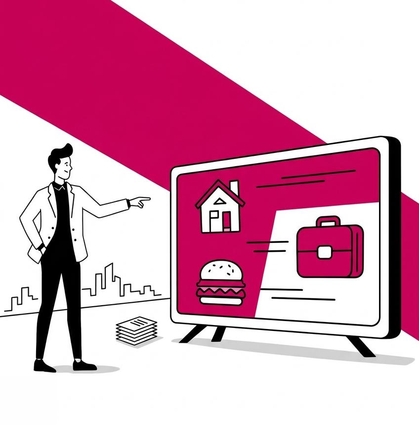 Illustration représentant un écran d’affichage dynamique capable de diffuser des contenus pour différents secteurs d’activité : immobilier, intérim et restauration.