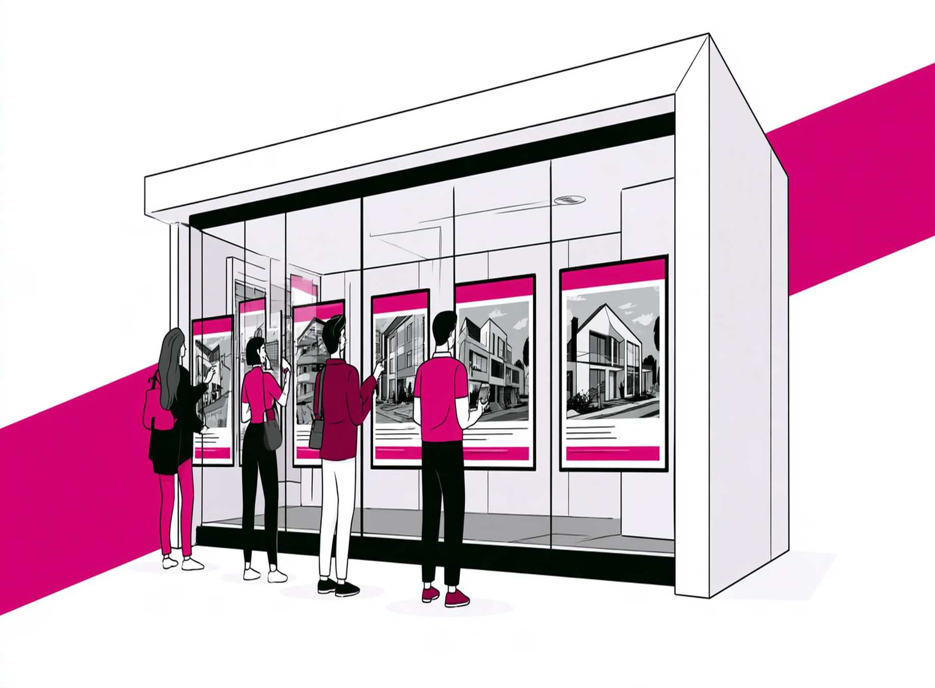 Illustration d’une agence immobilière utilisant l’affichage dynamique pour présenter des biens en vitrine.