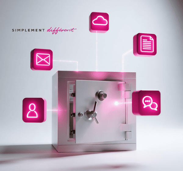 Coffre-fort entouré d'icônes roses (e-mail, cloud, documents, messagerie, utilisateur) : le patrimoine numérique à protéger
